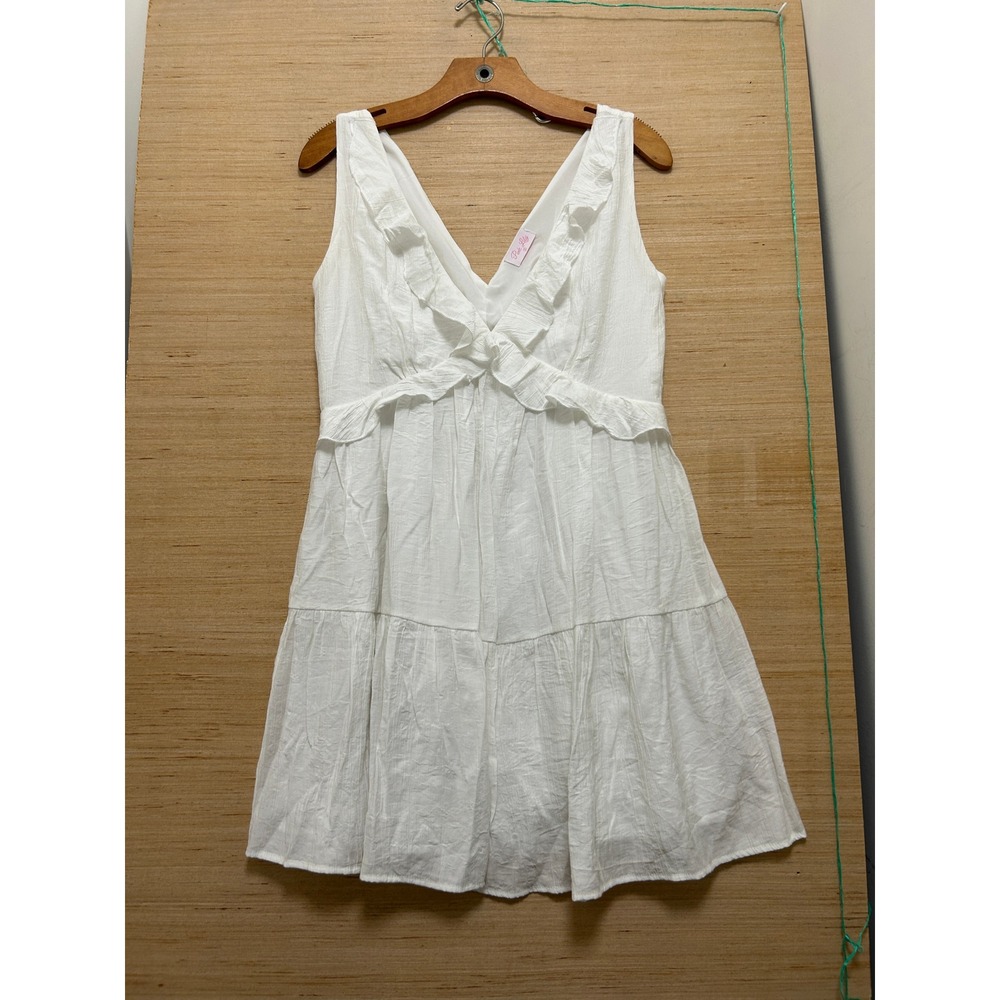 Pink Lily White Ruffle‎ V Neck Tiered Mini Dress Sleeveless Small